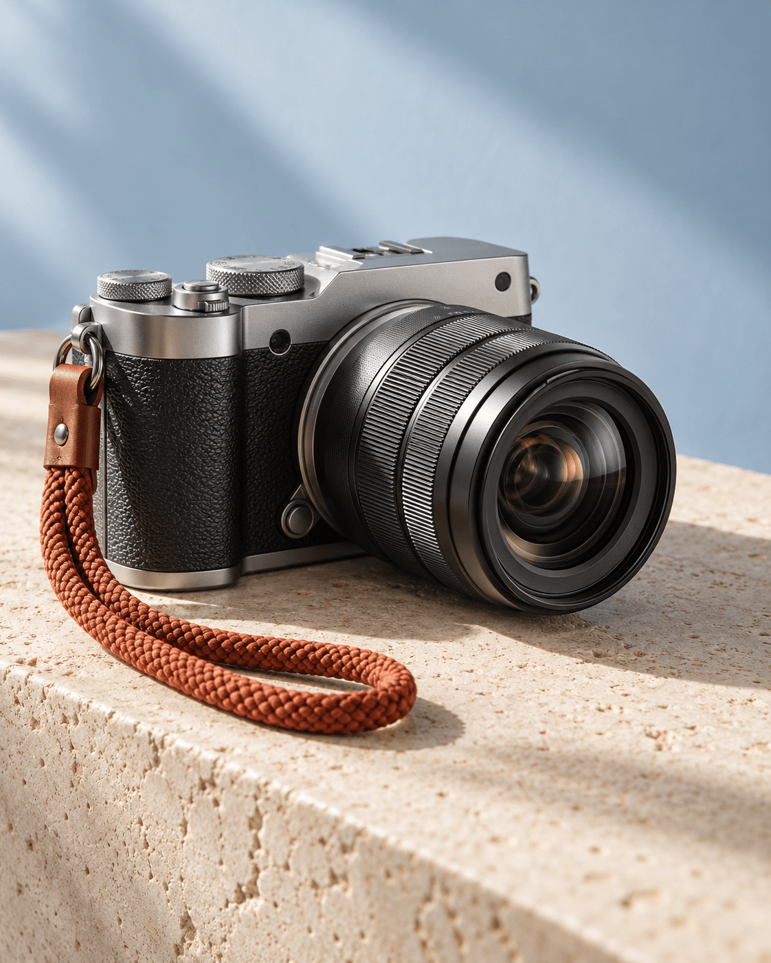 Illustrative silver camera on limestone