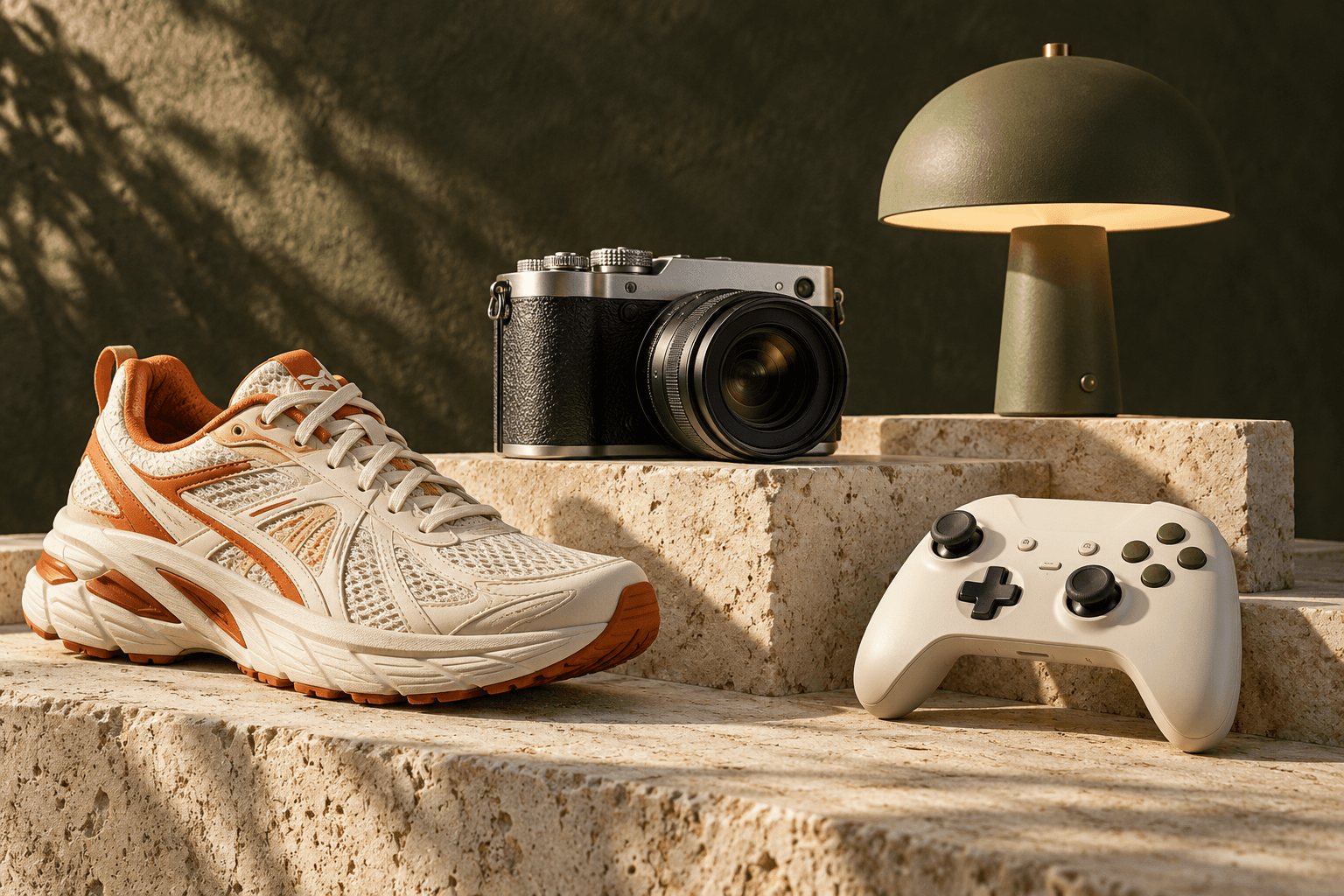 Original illustrative still life of a sneaker, camera, lamp and game controller on limestone
