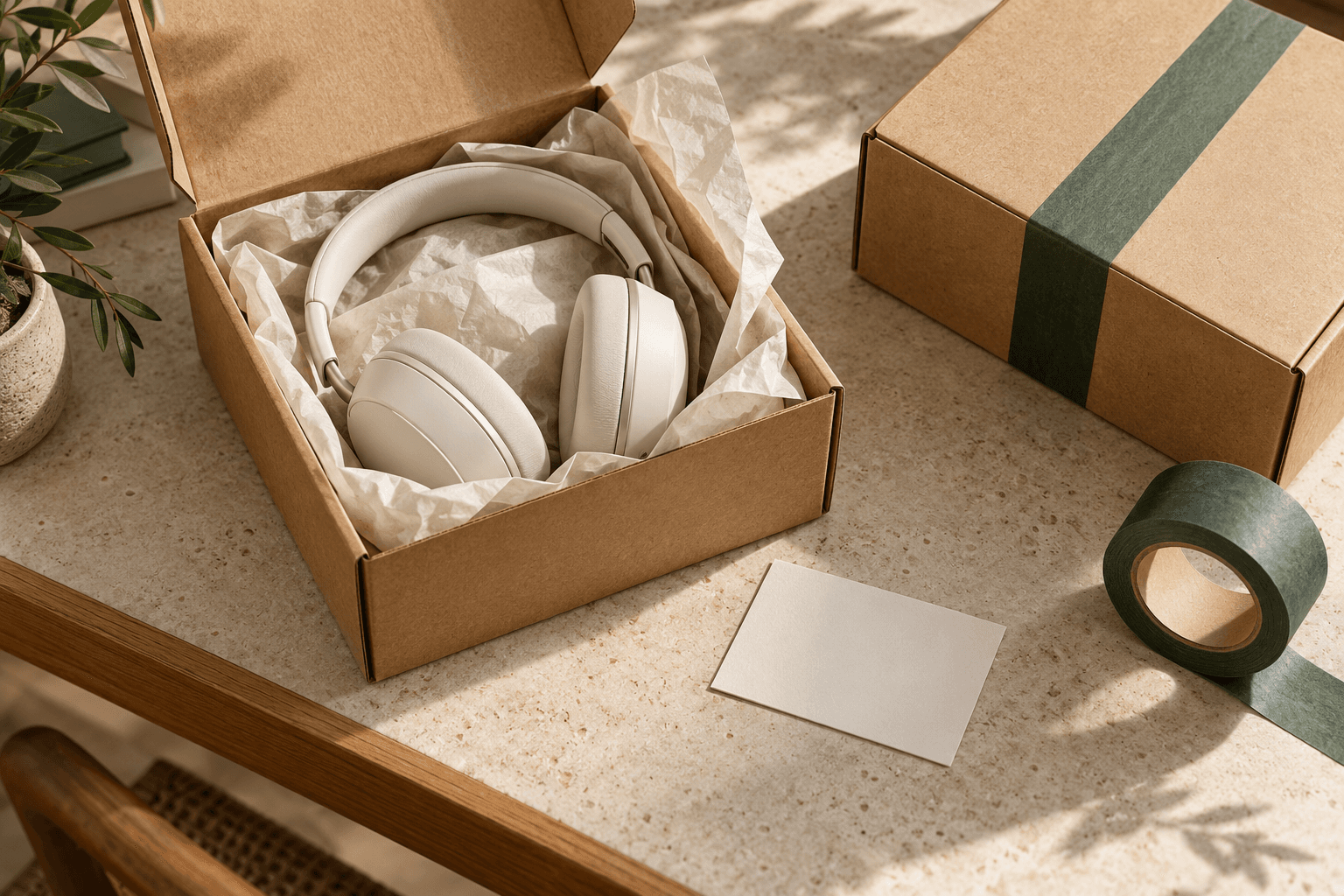 Illustrative packing table with headphones, tissue and kraft parcels