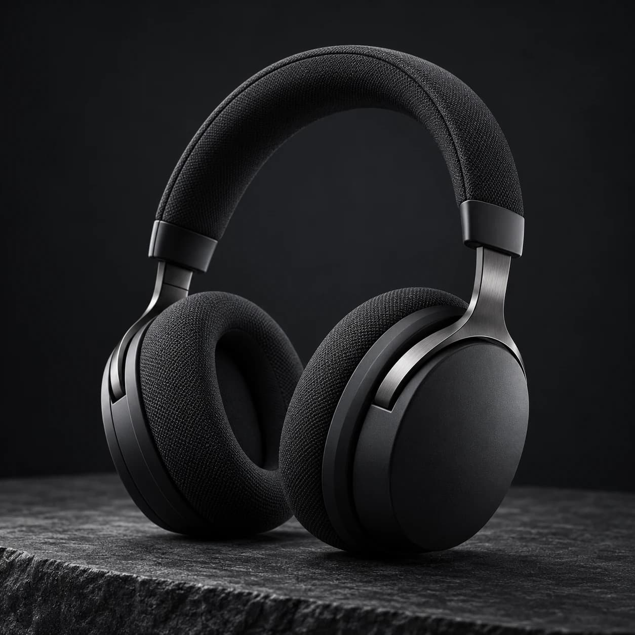 Illustrative black headphones on a stone surface