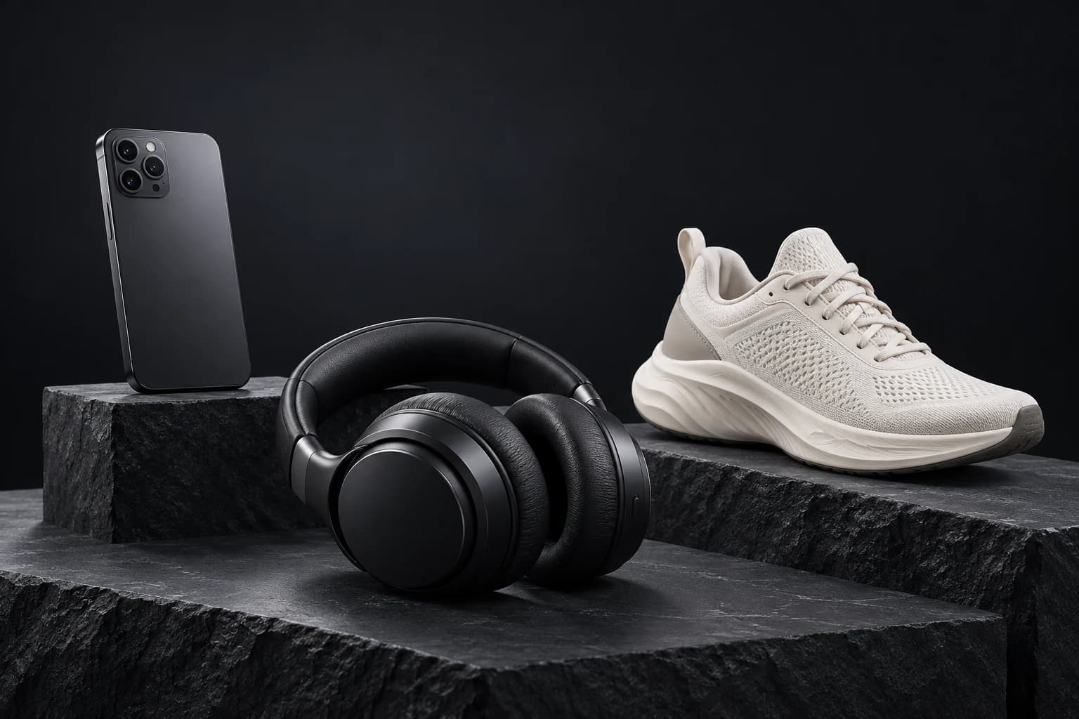 Illustrative phone, headphones and sneaker on dark stone