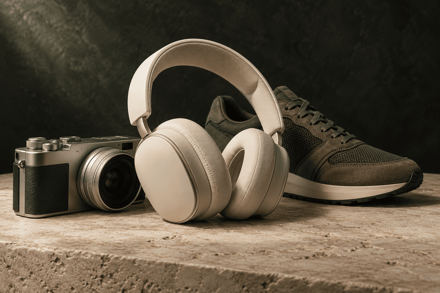 Illustrative headphones, camera and sneaker on limestone